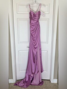 Lilac Satin Evening Gown with Spaghetti Straps